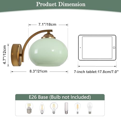 Image of Green Glass Kitchen Sconce Light Brushed Gold Bathroom Vanity Light Vintage Hardwired Wall Sconce Set of 2 Mid Century Modern Wall Lighting