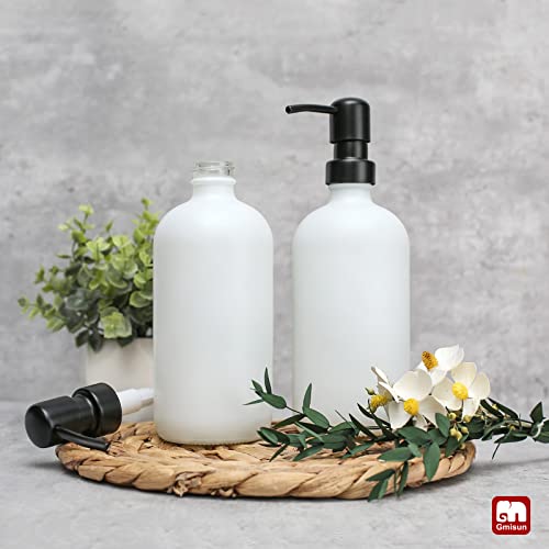 Gmisun White Soap Dispenser, 2 Pack Glass Hand And Dish Soap Dispenser Set, 16 Oz Refillable Liquid Soap Bottle With Rustproof Stainless Steel Pump, Modern Empty Lotion Bottles For Kitchen & Bathroom #TOP2
