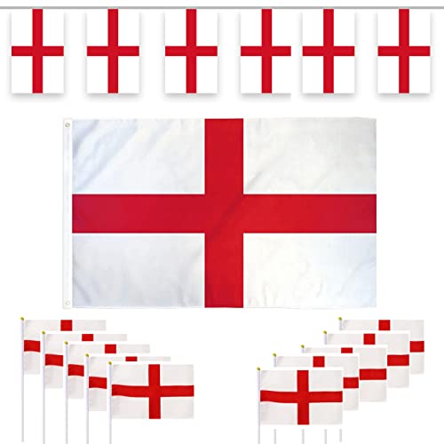 Weforu England-Flaggen-Set, britische Flagge, 152 x 91 cm, England-Wimpelkette, 10 Stück, kleine England-Handflagge für Weltmeisterschaft, Fußball, Rugby, St. George's Cross Cover