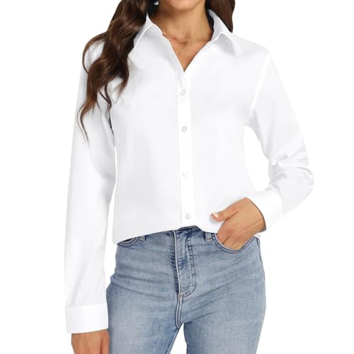 Blusa de manga larga para mujer, color sólido, tiempo libre, negocios, mujer, blusas con botones, sin planchado, camiseta formal para oficina, mujer, blusas y túnicas para mujer, viscosa, Blanco, M