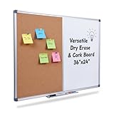 DexBoard Combo Board for Wall, 36x24 Inch Half Magnetic White Board & Cork Board Combination, Ideal for Office, Classroom, Home Organization, Silver Aluminum Frame