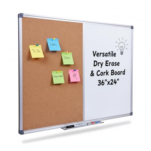 DexBoard Combo Board for Wall, 36x24 Inch Half Magnetic White Board & Cork Board Combination, Ideal for Office, Classroom, Home Organization, Silver Aluminum Frame