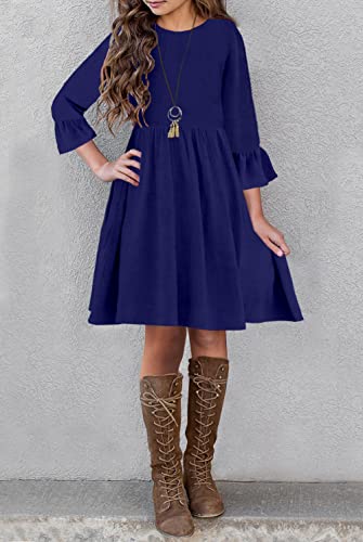 Hosika Girls 3/4 Sleeve Crew Neck Casual A-Line Flared Skater Twirly Dress For School Party For 6-13 Years Navy Blue M #TOP3