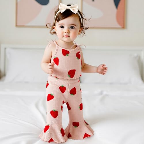 Strawberry Outfit Baby Girl Summer Clothes Toddler Kid Bow Print Sleeveless Camisole Tank Top Flare Pant Sets 0-5T3