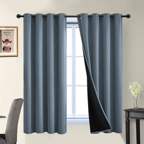 Image of Yakamok 100% Blackout Lined Panels, Room Darkening Thermal Insulated Blackout Curtains for Bedroom, Heat Blocking Drapes for Living Room(52Wx63L, Stone Blue, 2 Panels)