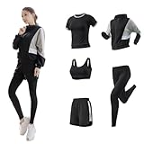 [DawnRain] スポーツウェア レディース 5点セット ランニングウェア フィットネス ウェア ウォーキング トレーニング トップス 半袖 パンツ ショートパンツ レギンス