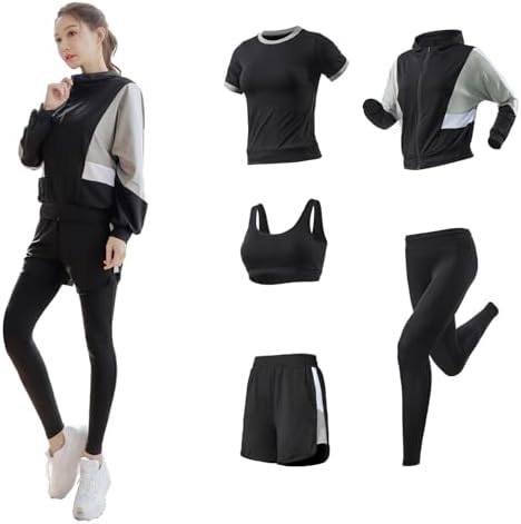 （16:00時点） [DawnRain] スポーツウェア レディース 5点セット ランニングウェア フィットネス ウェア ウォーキング トレーニング トップス 半袖 パンツ ショートパンツ レギンス