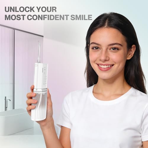 OOZZ Kompakter Reise-Munddusche, Taschen-Zahnseidegerät mit USB-C-Ladefunktion, 5 Reinigungsmodi, 6 austauschbaren Aufsätzen, kabellos, IPX8 wasserdicht, auslaufsichere Munddusche, OZ-7214