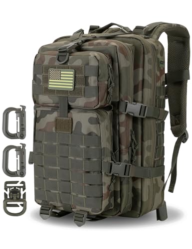 Hannibal Tactical MOLLE Assault Backpack, Tactical Backpack Military Army Camping Rucksack, 3-Day Pack Trip w/USA Flag Patch, D-Rings, Polish Camo