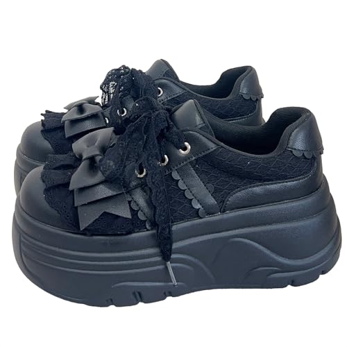 Y2K Chunky Platform Lolita Shoes - Lace-Up Doll Style with Ribbon & Lace, Cute Cake Bottom Sneakers for Girls
