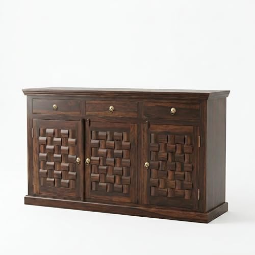 Image of SONA ART & CRAFTS Niwar Solid Sheesham Wood Sideboard Cabinet Storage Organizer with 3 Drawer & 3 Door Cabinet for Home Kitchen Living Room & Bedroom Multi Shelves Cabinets Hallway (Walnut Finish)