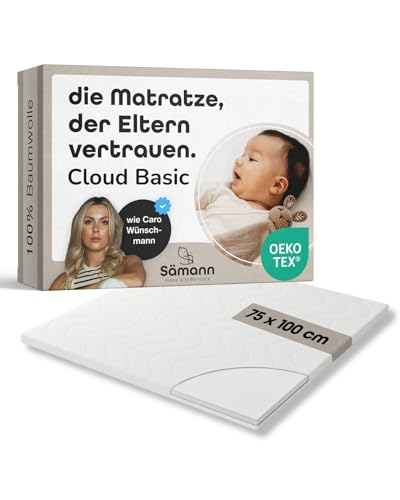 Sämann Laufgittermatratze Cloud Basic 75x100 cm - Matratze für Baby Laufstall - Baumwollbezug mit Reißverschluss für Allergiker
