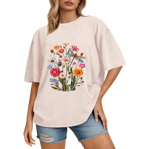 rosemia Oversized Tshirts for Women Acid Wash Short Sleeve Cotton Shirts Vintage Baggy Tops 2026