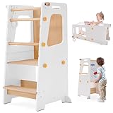 Torre de cocina 4 en 1 para niños, pizarra blanca y riel de seguridad para