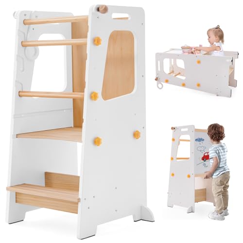 Tour de cuisine 4 en 1 pour tout-petit, marchepied réglable en hauteur, table et chaise convertibles avec tableau blanc, rail de sécurité (blanc)