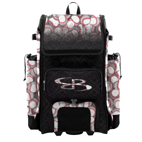 Boombah Catchers Superpack Hybrid Rolling Bat Bag - Baseball Black/White/Red - Wheeled & Backpack Version