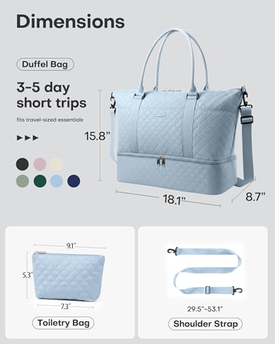 Image of HOTOR Travel Duffel Bag - Weekender Bags for Women, Carry On Gym Tote Bags | with Toiletry Bag & Shoe Compartment, Overnight Bag for Travel Essentials and Travel Accessories, Blue, 15.8 inchx18.1 inchx8.7 inch