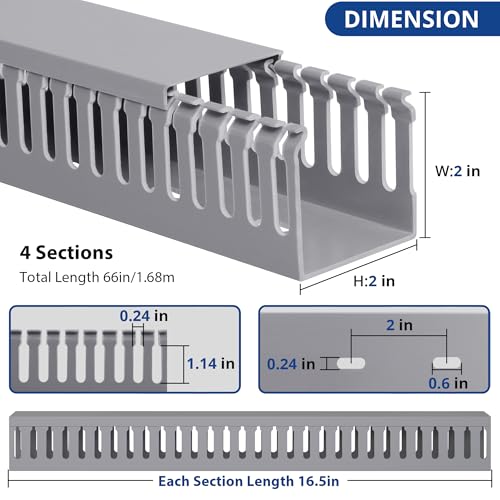 Image of 2 inch H x 2 inch W Cable Raceway, 66in Under Desk Wire Management Channel, Grey | Slotted Wire Duct, 4Pack, 16.5in Each, Heavy-Duty PVC Cable Management for Server Racks, Network Cables & Electrical Cabinets
