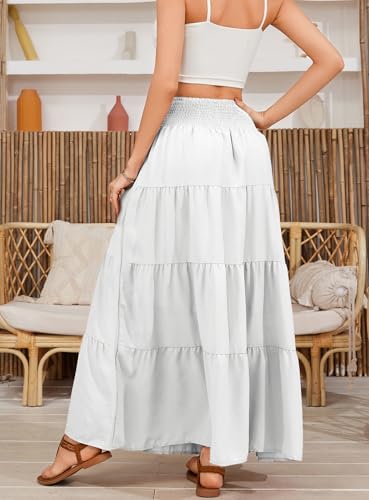 MJBGSHOW Womens Ruffle Maxi Skirts:High-Waist Elastic Pleated Long Skirt-Summer Casual Boho Flowy Skirts with Drawstring White M — view 4