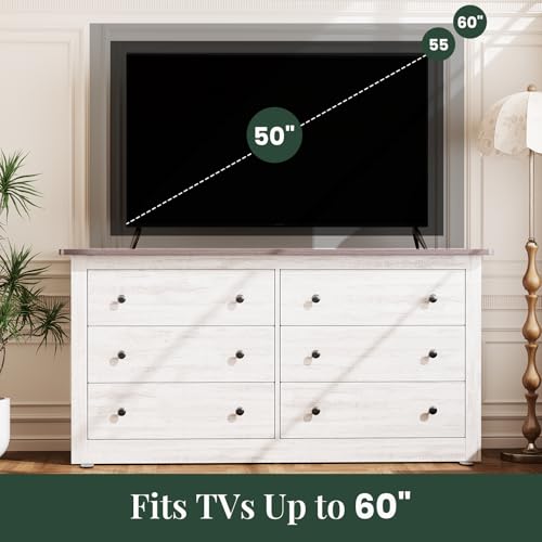 Image of 59 inch Wide Wood TV Stand with 6 Drawers & Metal Handles, Modern Media Console Storage Cabinet for Living Room, Bedroom, Entryway & Home Office, White