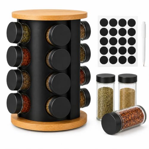 Doria Spice Rack Organiser with 16 Spice Jars Thick and Strong Spice Racks Free Standing Carousel Spice Storage Can Rotated 360 (Black)