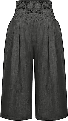 Tiaford Womens Summer Loose Cotton Linen Wide Leg Palazzo Pants High Waisted Smocked Comfy Capri Pants For Women With Pockets #TOP3