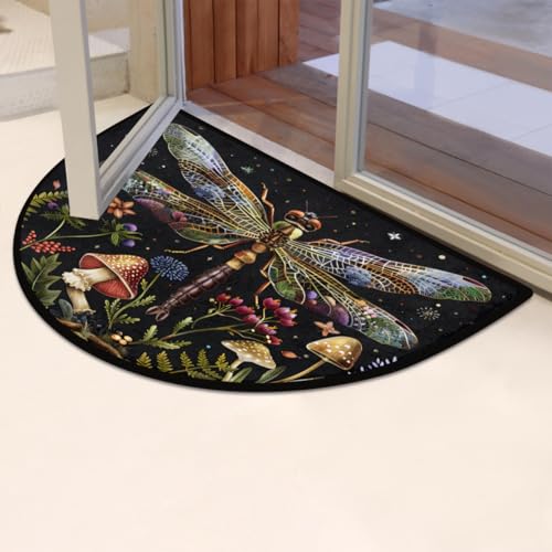 Image of Half Round Doormat Animal Dragonfly Flower Non Slip Half Circle Area Rugs Indoor Washable Half Moon Rug Semi Circle Bathroom Runner Mat Entrance Floor Carpet for Kithen Bedroom Fireplace Decor