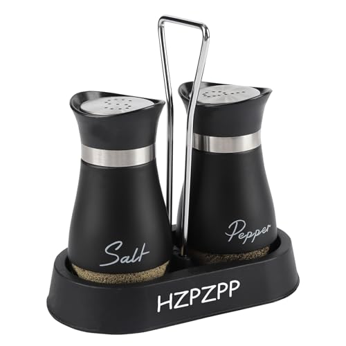 HZPZPP Salt and Pepper Sets Salt and Pepper Shakers Set Set of 2 Glass Salt Shakers with Stainless Steel Lids and Holder for Small Households Kitchen Table BBQ and Camping (Black)