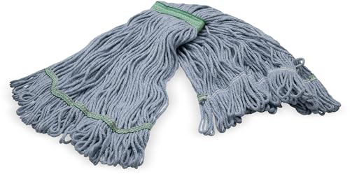 Image of SPARTA Flo-Pac Acrylic Mop Head, Loop-Ended, Narrow Band with 1 inch Green Band for Organized Cleaning, Medium, Blue (Pack of 3)
