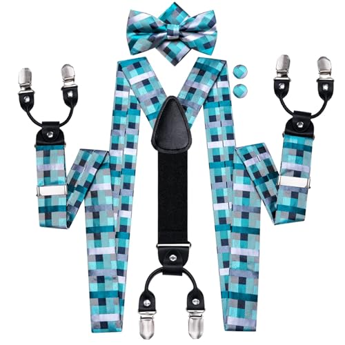 Image of Hi-Tie Men Suspender Bowtie Set Suspenders Pre-tied Bow Tie Pocket Square Cufflinks Adjustable Y Shape 6 Clips Braces Tuxedo