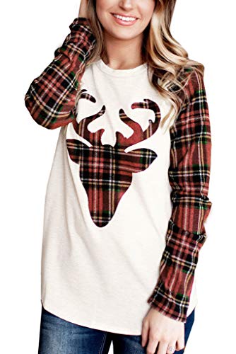 Christmas Women Plaid Long Sleeve Party Sweatshirt Color Block Raglan Reindeer Shirt 2XL