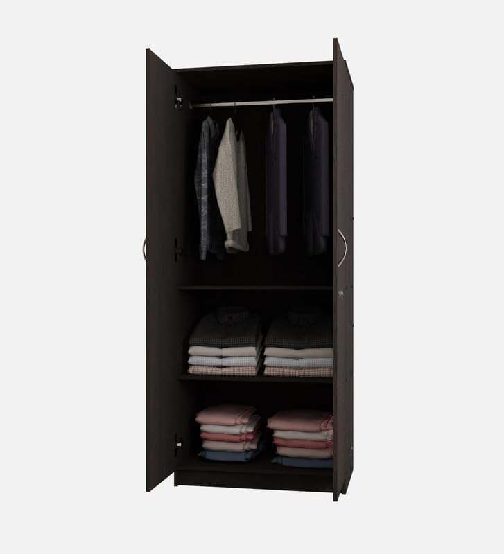 Image of Lara Multipurpose 2-Door Wardrobe | Engineered Wood | Spacious Shelves & Hanging Rail | Dark Wenge Finish | Durable & Compact | Easy Knock-Down Assembly