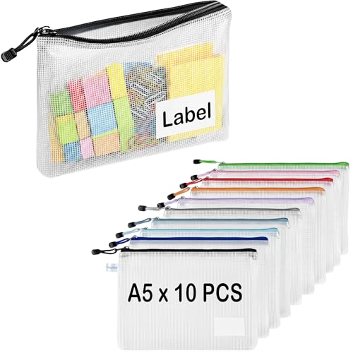 TRANBO 10 Stücke Reißverschlusstaschen A5, Wasserdichte Mesh-Taschen Dokumententasche, Zipper Tasche zur Aufbewahrung von Ordnern, Schreibwaren,Geeignet für Schule, Büro, Reisen