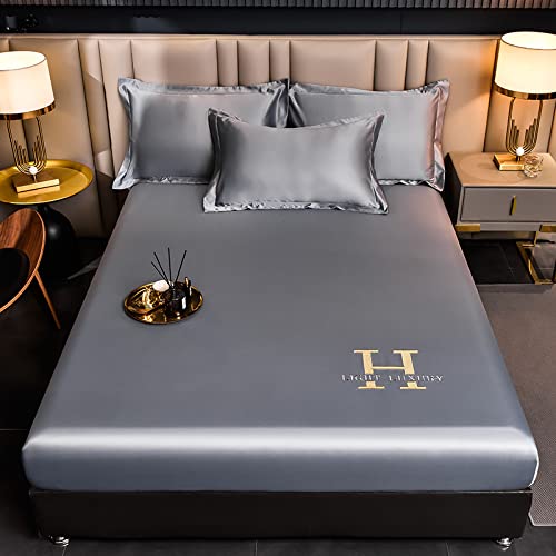 JIANINGHOME Sábanas de seda de 150 x 200 pulgadas, sábana bajera ajustable de seda de hielo, juego de tres piezas de sábana bordada de seda de hielo puro, sábana bajera ajustable de seda de hielo