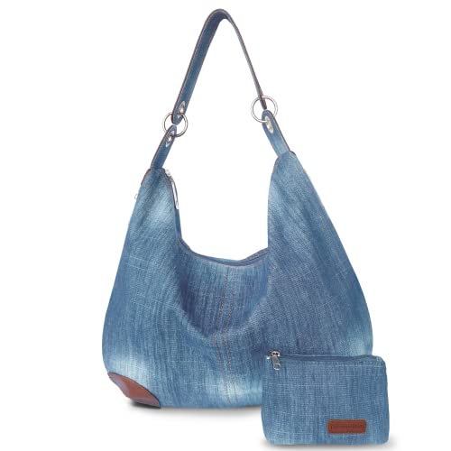 Denim Handbags for Women Jean Purse with Multiple Pockets Denim Blue Pocketbooks Tote Hobos Crossbody Bags