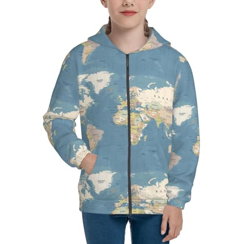 World Map1 Kid Hoodies Boys Zip Up Sweatshirts Girls Pullover with Pocket3