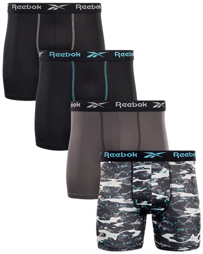 Reebok Men's Boxer Briefs – 4 Pack Quick Dry Moisture Wicking Performance Mens Underwear - Stretchy Soft Boxers for Men S-XL, Size X-Large, Black/Print/Magnet