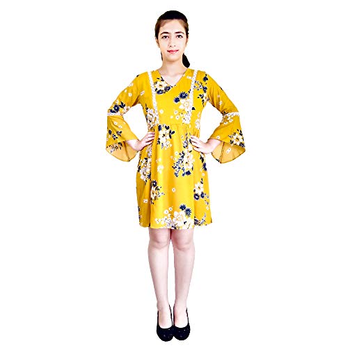 Image of Floral Summer Print Trumpet Sleeve A line High Waist Dress with Lace