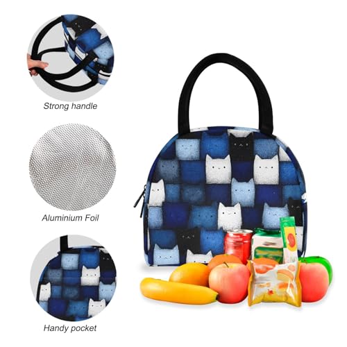 Cartoon Cat Blue Print Backpack Set with Lunch Bag, Large Capacity Travel Backpacks and Lunch Box Insulated for Commute Hiking Picnic4