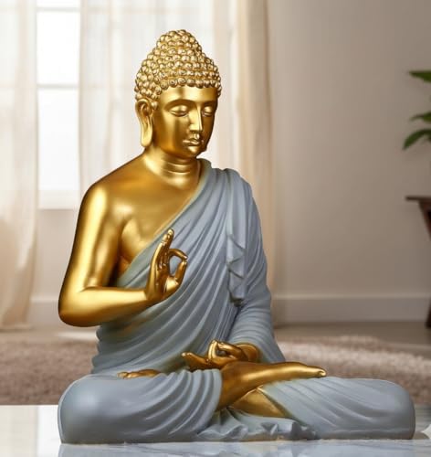 Image of 2 Feet Height Decorative Meditating Buddha Idol for Home Decor Big Size, Black Ceramic Murti, Meditation Buddha Statue, Home Garden Decor (Golden & Grey)