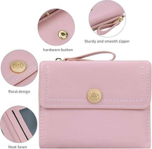 Kawaii Pink Mini Bifold Genuine Leather Wallet for Women Thin Design ID Window Compact Cute Style 4 Card Slots (Pink)4