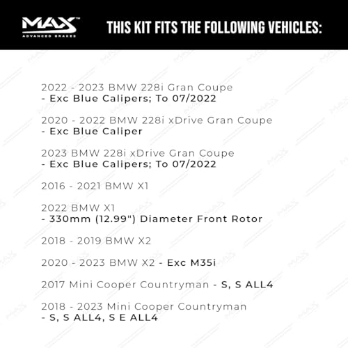 Image of Max Advanced Brakes Front Brake Kit Compatible With 2017 2018-2023 Mini Cooper Countryman Compatible With BMW X1 X2 Replacement Geomet Coated OE Disc Brake Rotors and Ceramic Brake Pads