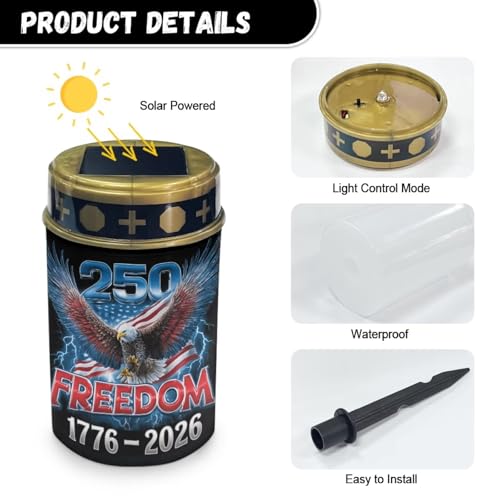 Image of Poceacles Eagle American Flag 1776-2026 Print Solar Lights Outdoor Waterproof Cemetery Solar Outdoor Candle Grave Decoration Votive Candles Blessed Lights for 250th Independence Day Decor