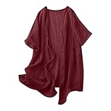 Womens Linen Cardigans Lightweight Cover Up Fall Casual Loose Half Sleeve Cotton Tops Beach Coverups with Pockets Wine XXL