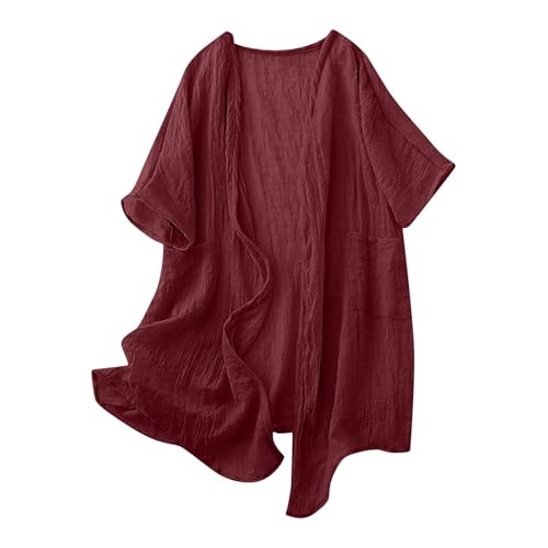 Womens Linen Cardigans Lightweight Cover Up Fall Casual Loose Half Sleeve Cotton Tops Beach Coverups with Pockets Wine XXL