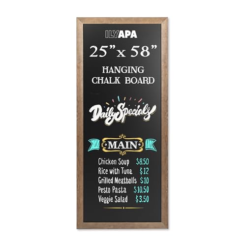 Ilyapa Extra Large Black Magnet Board for Wall - 58 x 25 Inch Wood Wall Hanging Menu for Restaurant, Food Truck, Kitchen or First Day, Barnwood Color