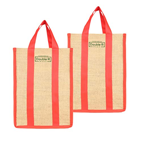 Image of DOUBLE R BAGS Laminated Jute Reusable Shopping Bags Kitchen Essentials Grocery Vegetable Lunch Carry Bag With Full Handles Multi-purpose Bag Stylish Designs (Red) Pack of 2