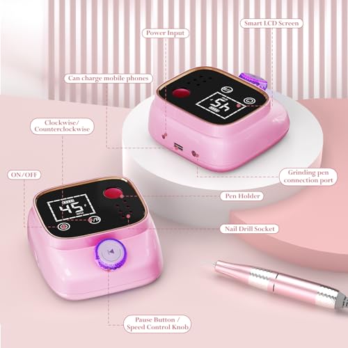 ANBEISTEE Professionell 45000 RPM Elektrische Nagelfräser, Tragbare Nagelfeile, Fräser Nägel, Nagelbohrer, Pediküre, Acrylnagel Gel Polieren Entfernen, Geeignet für Salons und Familien, Rosa