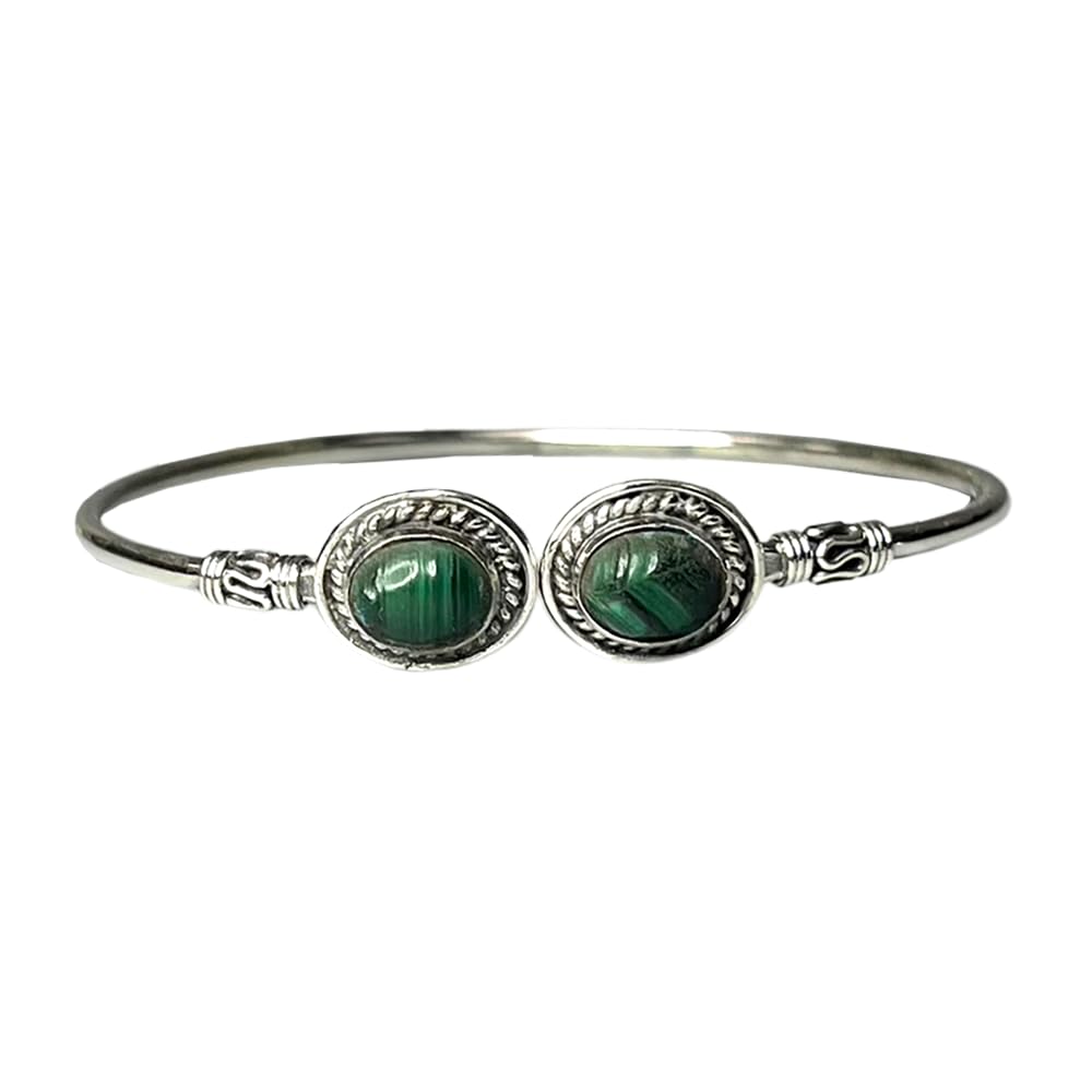 VIE Silver Plated Adjustable Boho Oval Cuff Bangle, Malachite