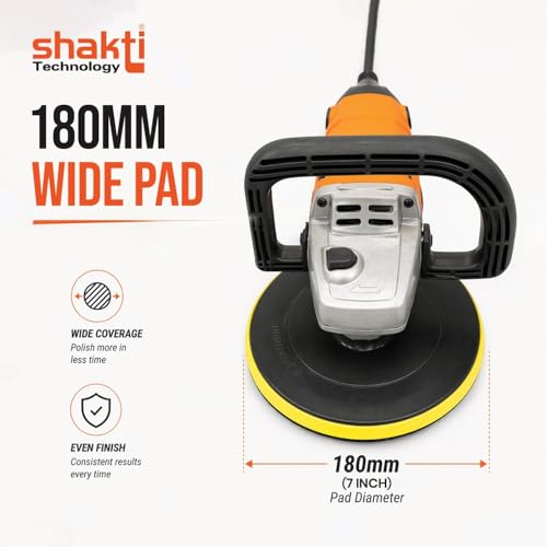 Image of Shakti Technology RP-180 Electric Car Polisher, 1200W High Power, Variable Speed 500-3000 RPM With 7-Inch (180mm) Wheel Size, Ergonomic Handle, Complete Car Polishing Kit